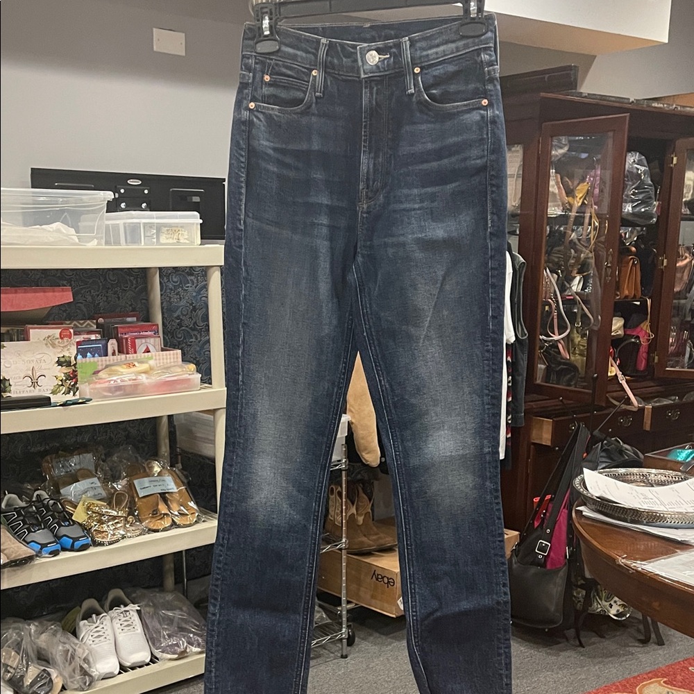 MOTHER The Dazzler Ankle Fray High Waist 24 Painfully Obvious Dark Wash skinny